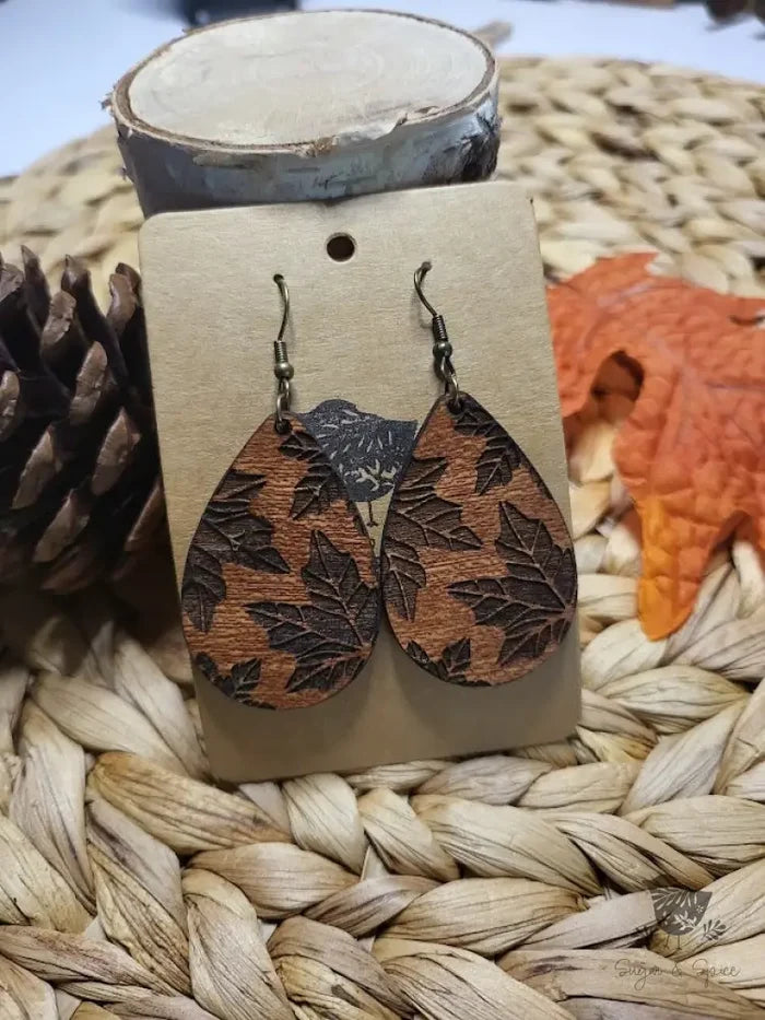 Engraved Maple Leaf Wood Earrings - Premium  from Sugar and Spice Invitations - Just $11.25! Shop now at Sugar and Spice Paper