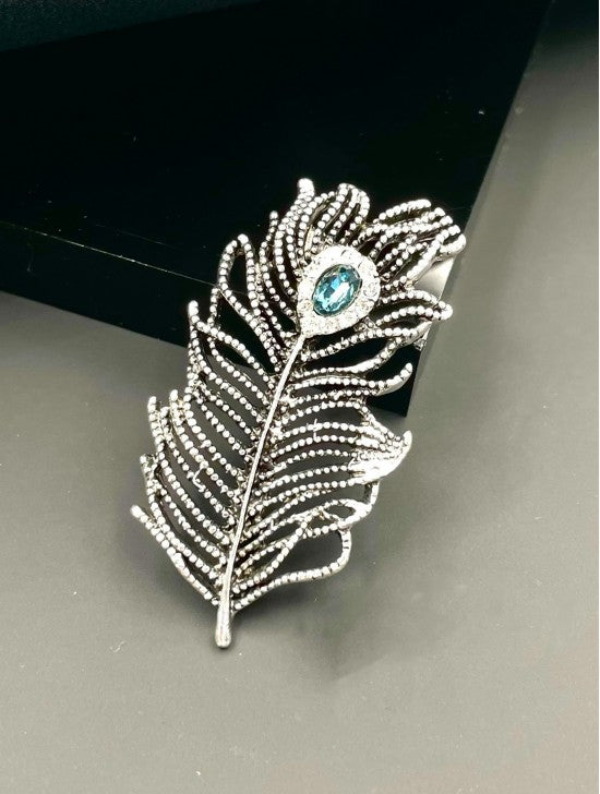Feather Design Rhinestone and Blue Gem Brooch
