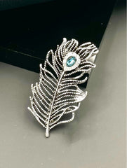 Feather Design Rhinestone and Blue Gem Brooch