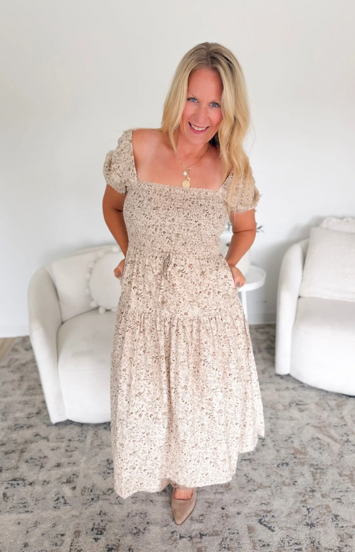 Floral Smocked Puff Sleeve Midi Dress