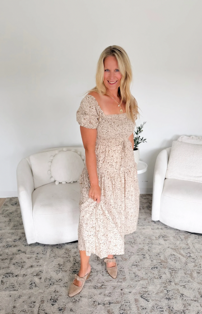 Floral Smocked Puff Sleeve Midi Dress