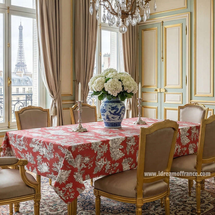 Villandry Red Toile Rectangular Acrylic-Coated Cotton Tablecloth by Le Cluny