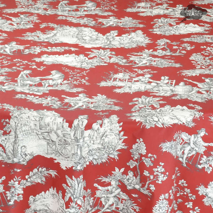 Villandry Red Toile Rectangular Acrylic-Coated Cotton Tablecloth close-up by Le Cluny