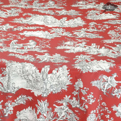 Villandry Red Toile Rectangular Acrylic-Coated Cotton Tablecloth close-up by Le Cluny