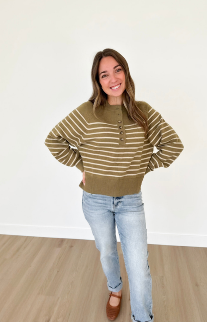 Green Button Striped Henley Top