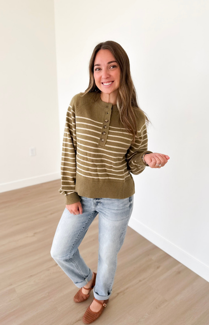 Green Button Striped Henley Top