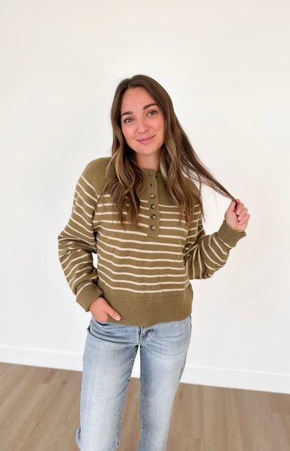 Green Button Striped Henley Top