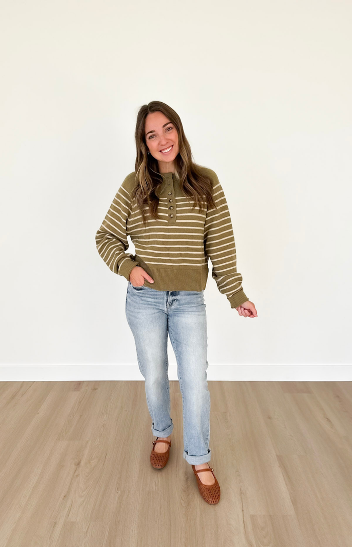 Green Button Striped Henley Top