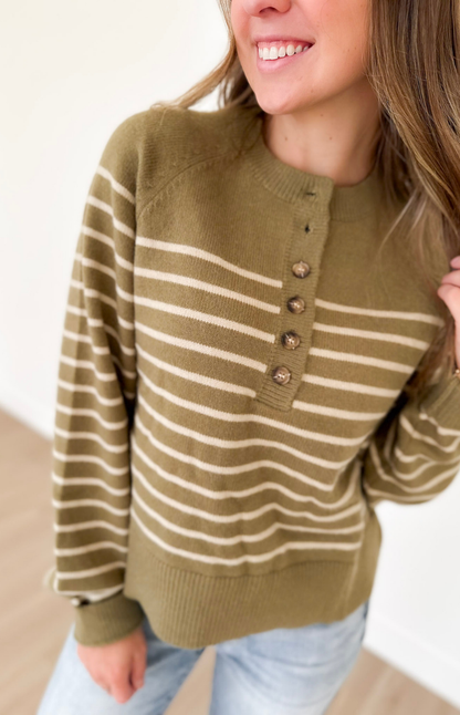 Green Button Striped Henley Top