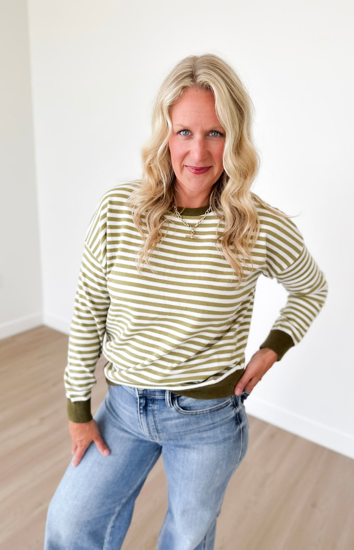 Green & Ivory Striped Soft Knit Top