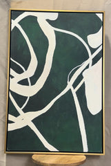 Dark green and white modern abstract canvas in a slim gold frame