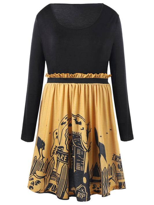 Halloween Flounced Spooky Scene Dress