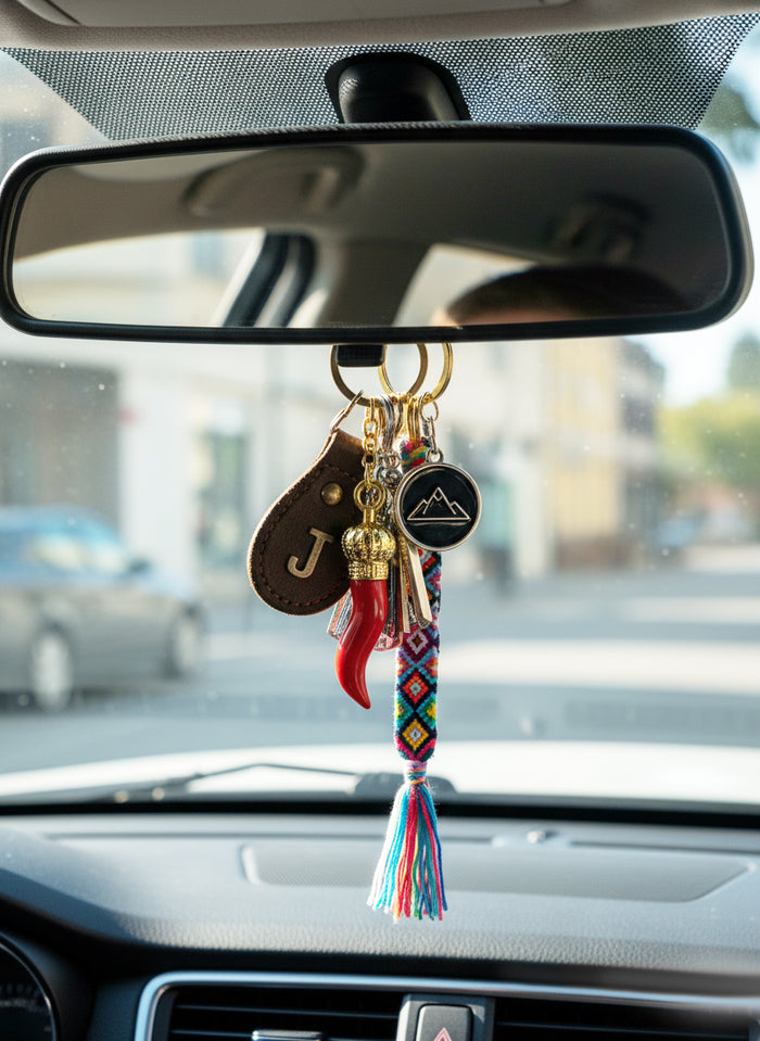 Car dashboard with a colorful keychain hanging from the rearview mirror.