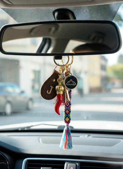 Car dashboard with a colorful keychain hanging from the rearview mirror.