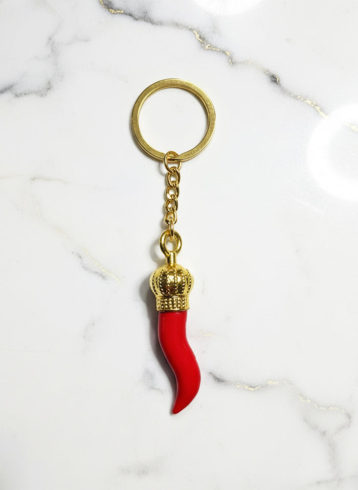 Italian Red Horn Chili Pepper with Gold Chain Keychain