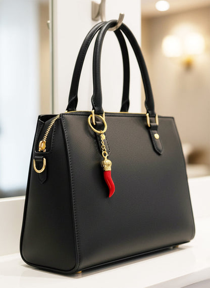 Black handbag with a red and gold charm on a blurred indoor background
