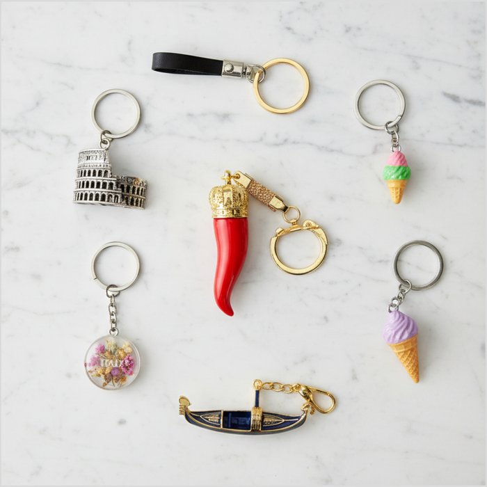 Red keychain with gold crown and ring on a white background