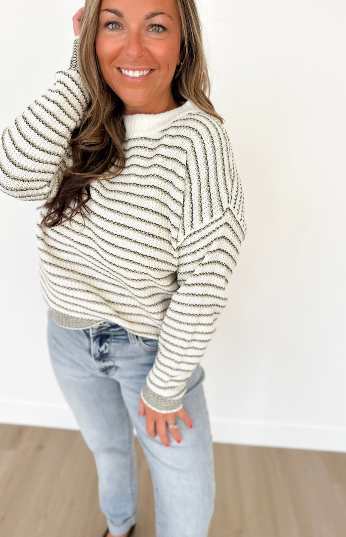 Ivory Knit Green/Grey Striped Sweater