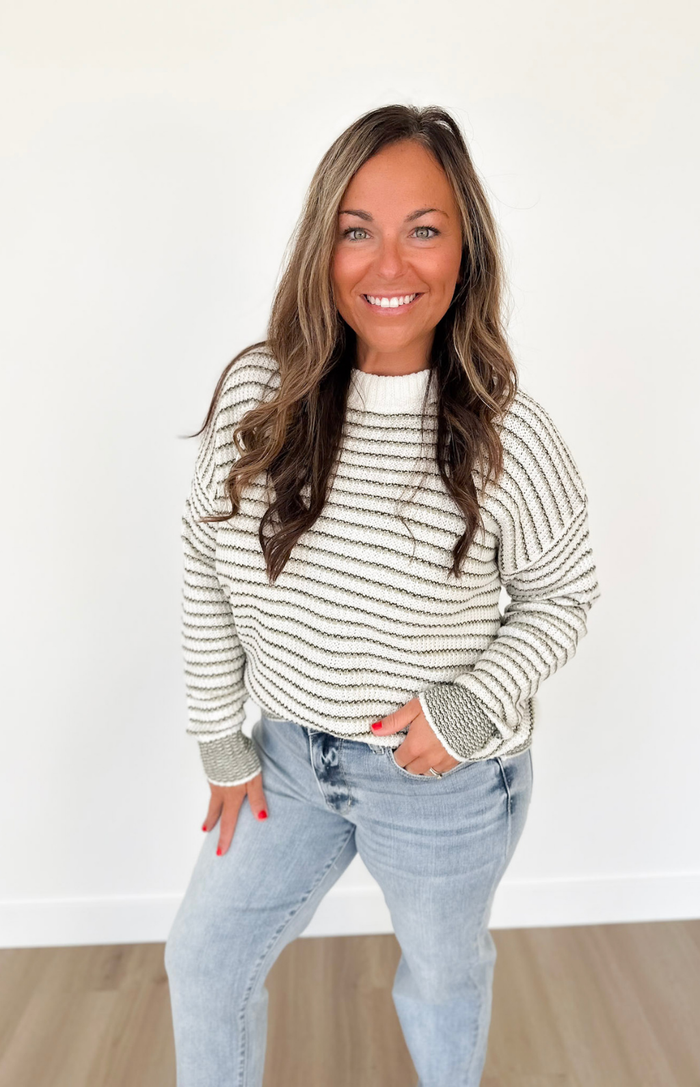 Ivory Knit Green/Grey Striped Sweater