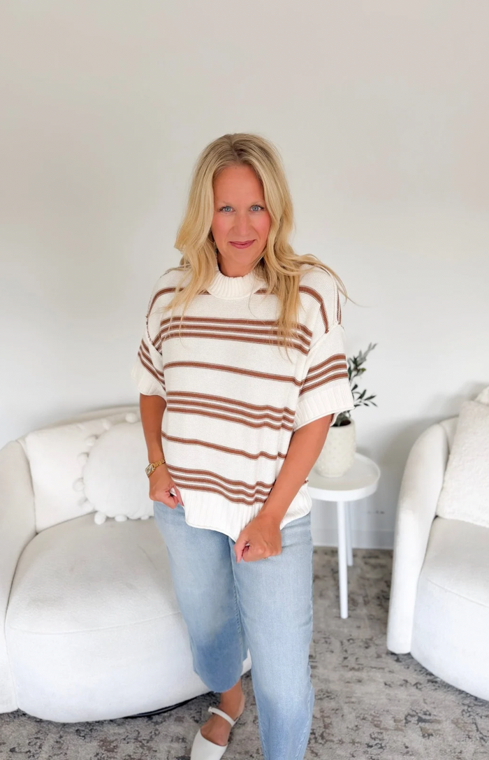Ivory/Brown Striped Short Sleeve Knit Top
