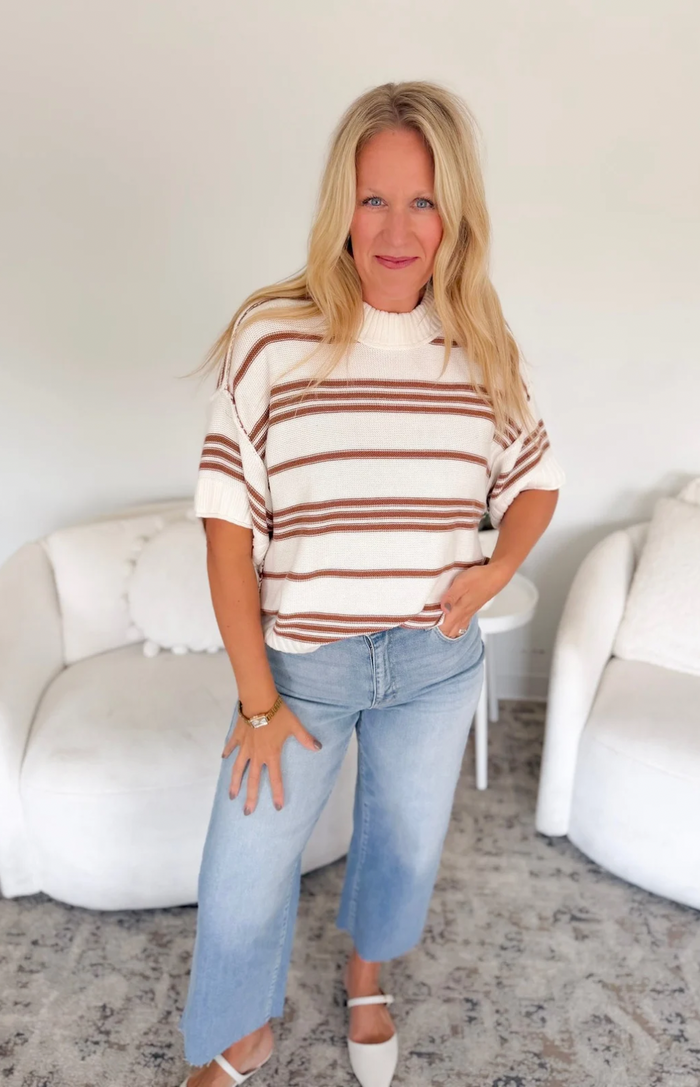 Ivory/Brown Striped Short Sleeve Knit Top