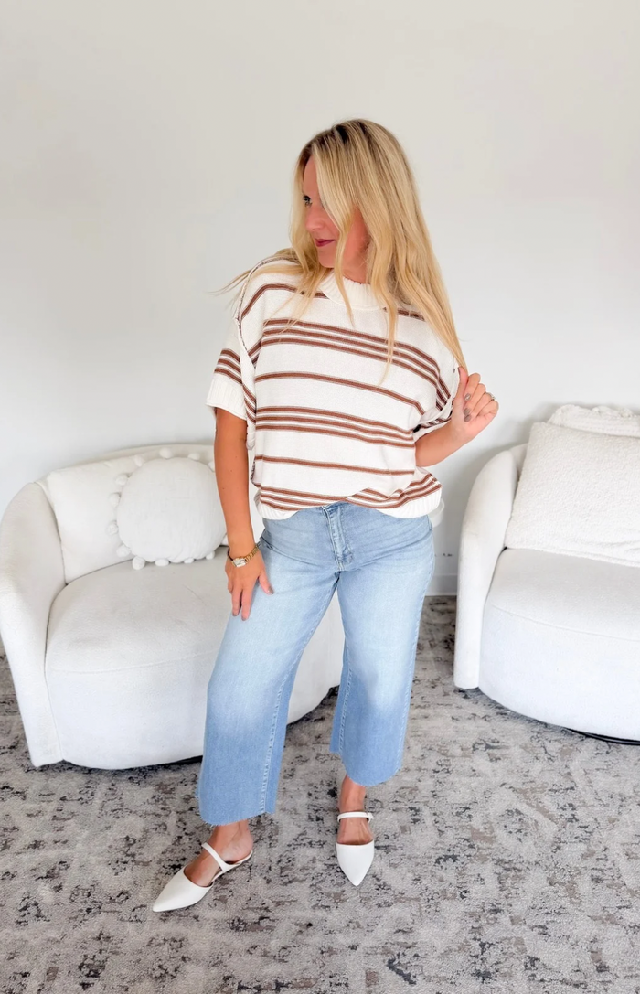 Ivory/Brown Striped Short Sleeve Knit Top