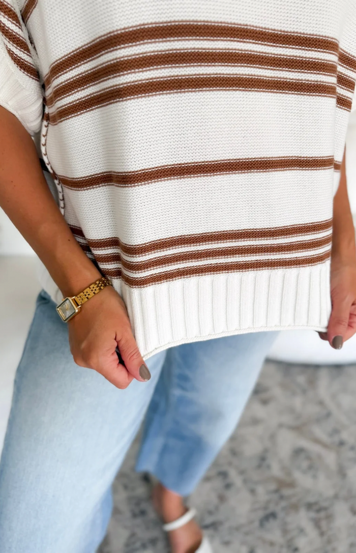 Ivory/Brown Striped Short Sleeve Knit Top