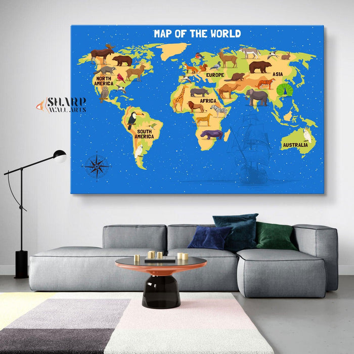 Kids World Map Canvas - Playroom Decor Wall Art - SharpWallArts