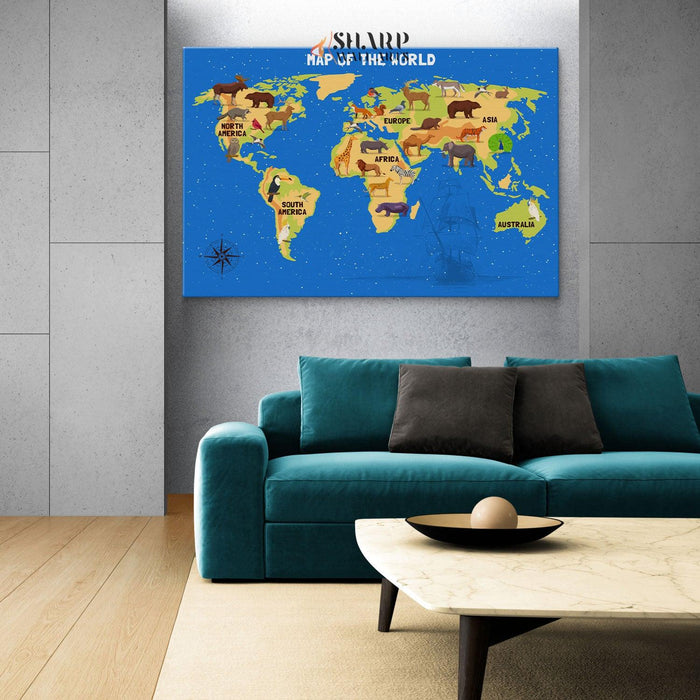 Kids World Map Canvas - Playroom Decor Wall Art - SharpWallArts