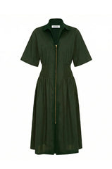 Laura Short Sleeve Smocked Waist Zip Front Midi Dress Olive