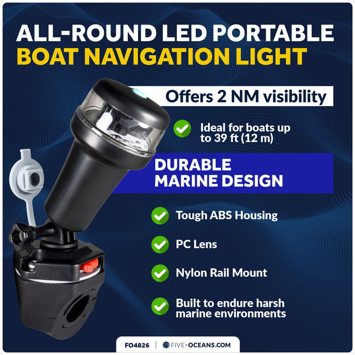 LED Anchor Navigation Light, Fold-Down, Rail Mount, Battery-Powered - 2NM - FO4826 - Five Oceans
