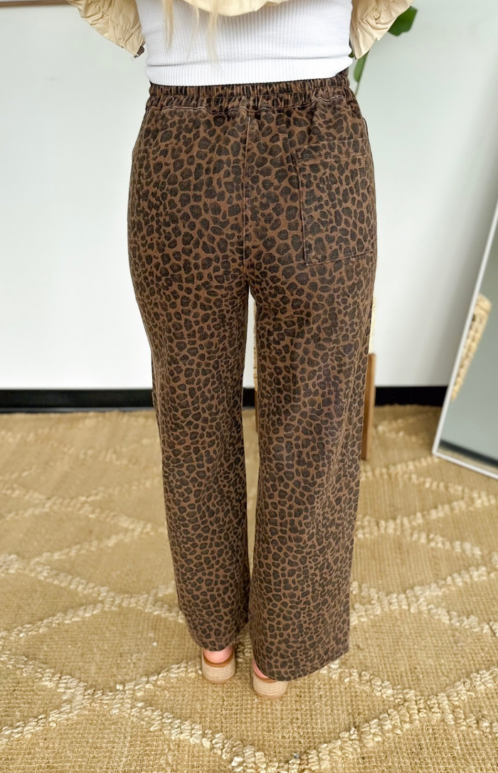 Leopard Drawstring Wide Leg Jeans