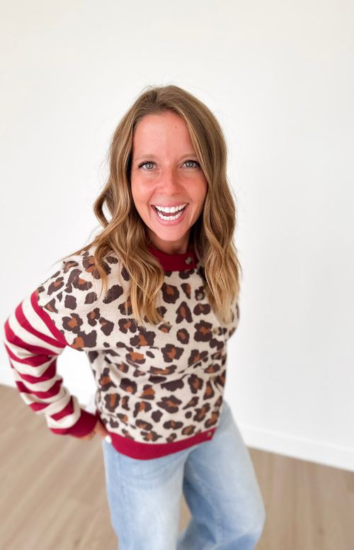 Leopard/Striped Sleeve Button Down Cardigan