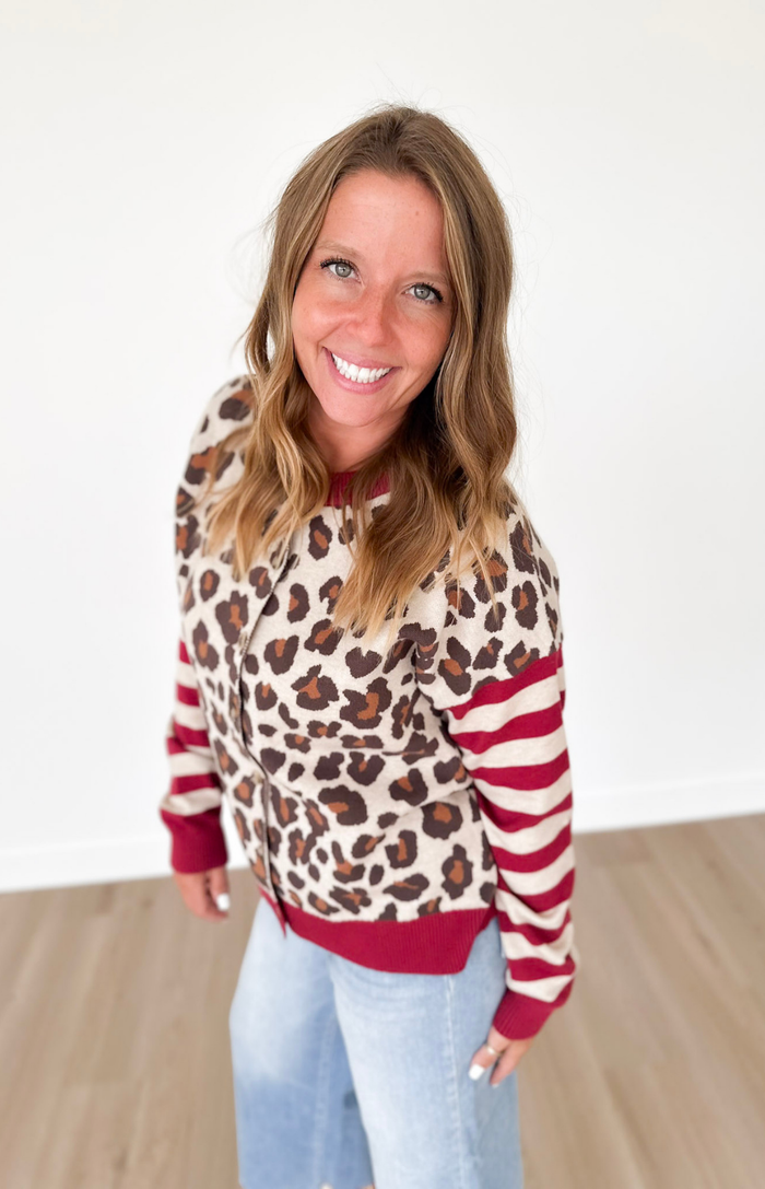 Leopard/Striped Sleeve Button Down Cardigan