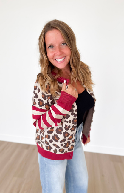 Leopard/Striped Sleeve Button Down Cardigan