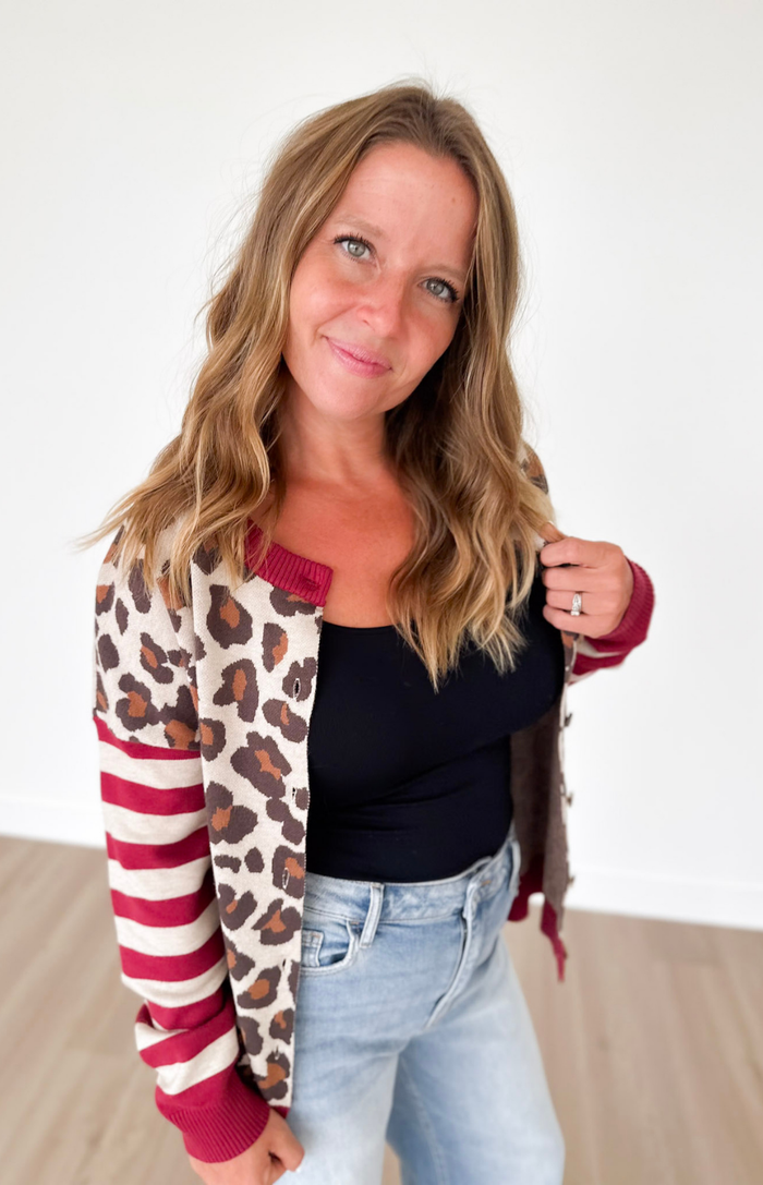 Leopard/Striped Sleeve Button Down Cardigan