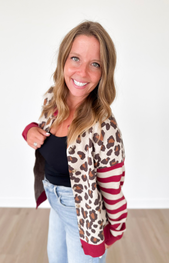 Leopard/Striped Sleeve Button Down Cardigan