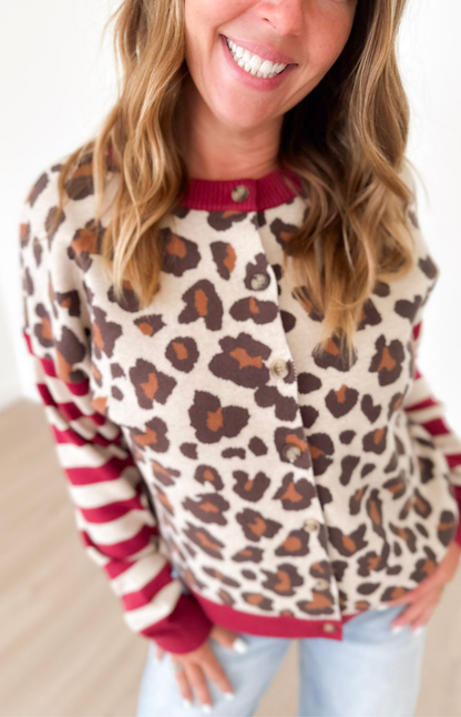 Leopard/Striped Sleeve Button Down Cardigan