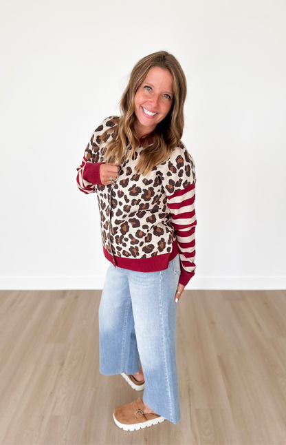 Leopard/Striped Sleeve Button Down Cardigan