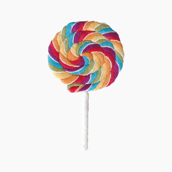 Hand embroidered cotton towel with colorful striped lollipop on a white background