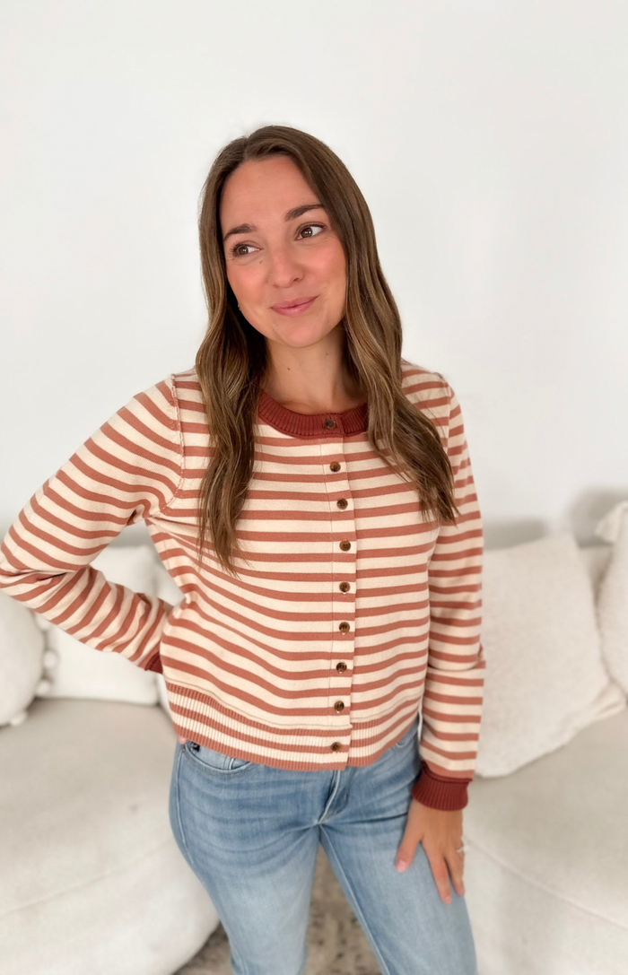 Mauve & Ivory Striped Button Cardigan
