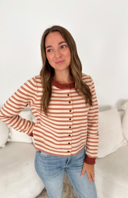 Mauve & Ivory Striped Button Cardigan