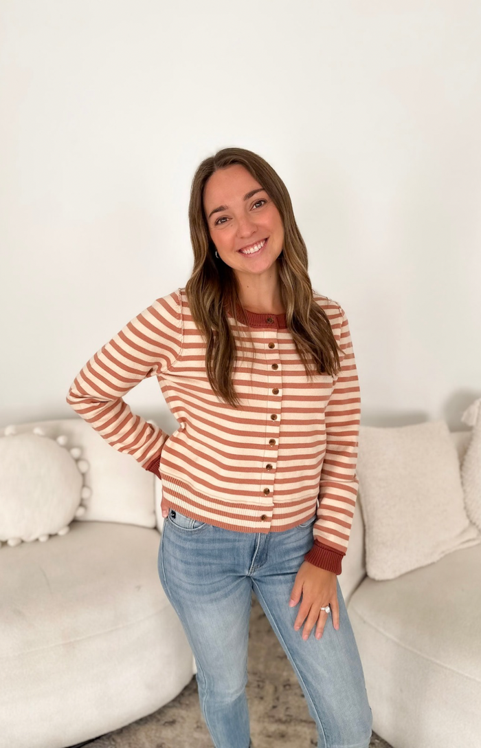Mauve & Ivory Striped Button Cardigan