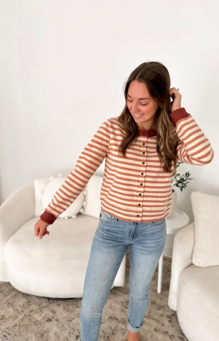 Mauve & Ivory Striped Button Cardigan