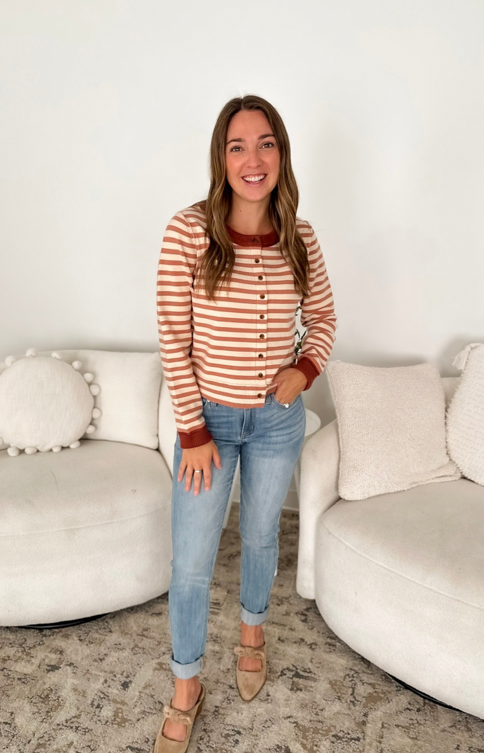 Mauve & Ivory Striped Button Cardigan