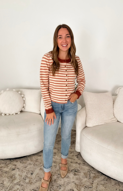 Mauve & Ivory Striped Button Cardigan