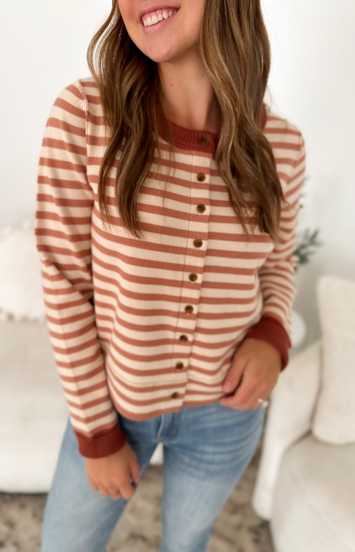 Mauve & Ivory Striped Button Cardigan