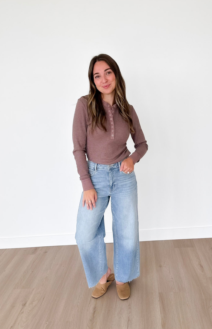 Mocha 1/2 Snap Button Waffle Knit Top