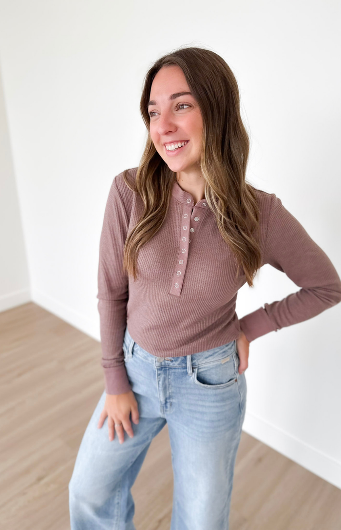Mocha 1/2 Snap Button Waffle Knit Top