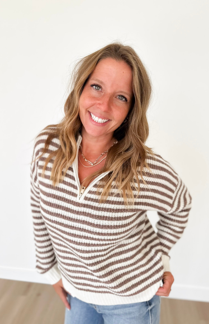 Mocha 1/2 Zip Mock Neck Striped Pullover
